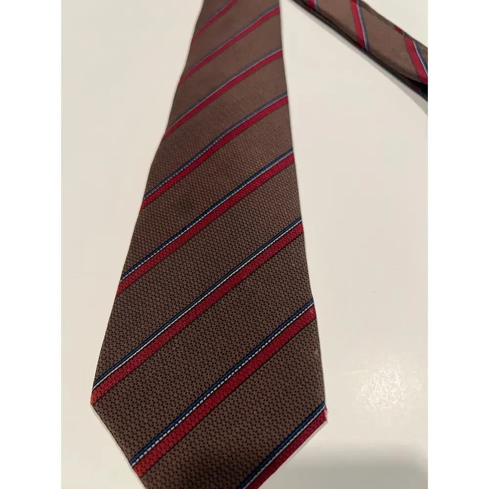 Vintage Bespoke 100% Silk Necktie Brown Red Blue Stripes JL
